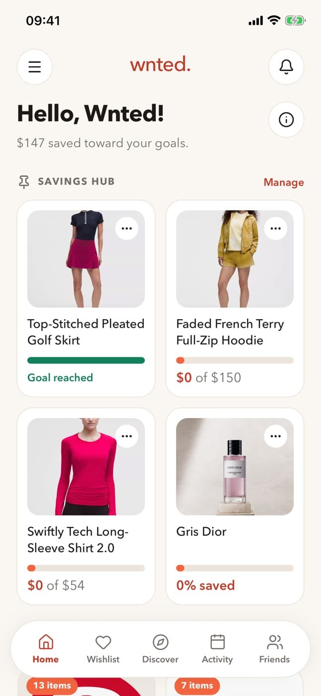 Home with four pinned goals: a golf skirt marked Goal reached, a hoodie, a long-sleeve shirt and Gris Dior.