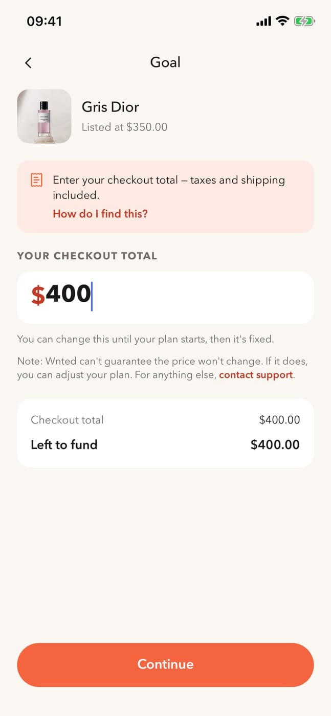 The Goal screen for Gris Dior, listed at $350, with a checkout total of $400 entered and $400 left to fund.