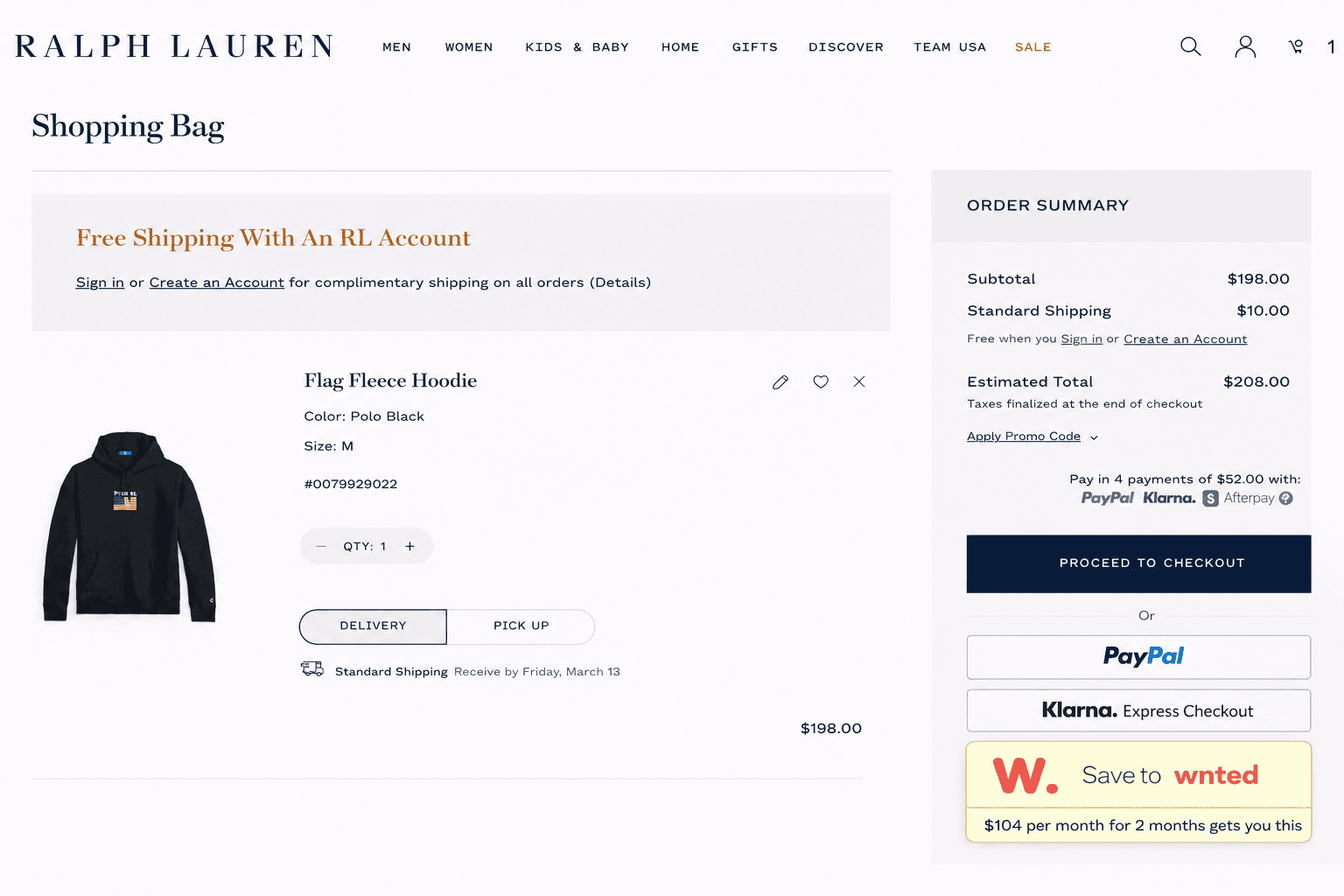 The Save to wnted button on a Ralph Lauren checkout page