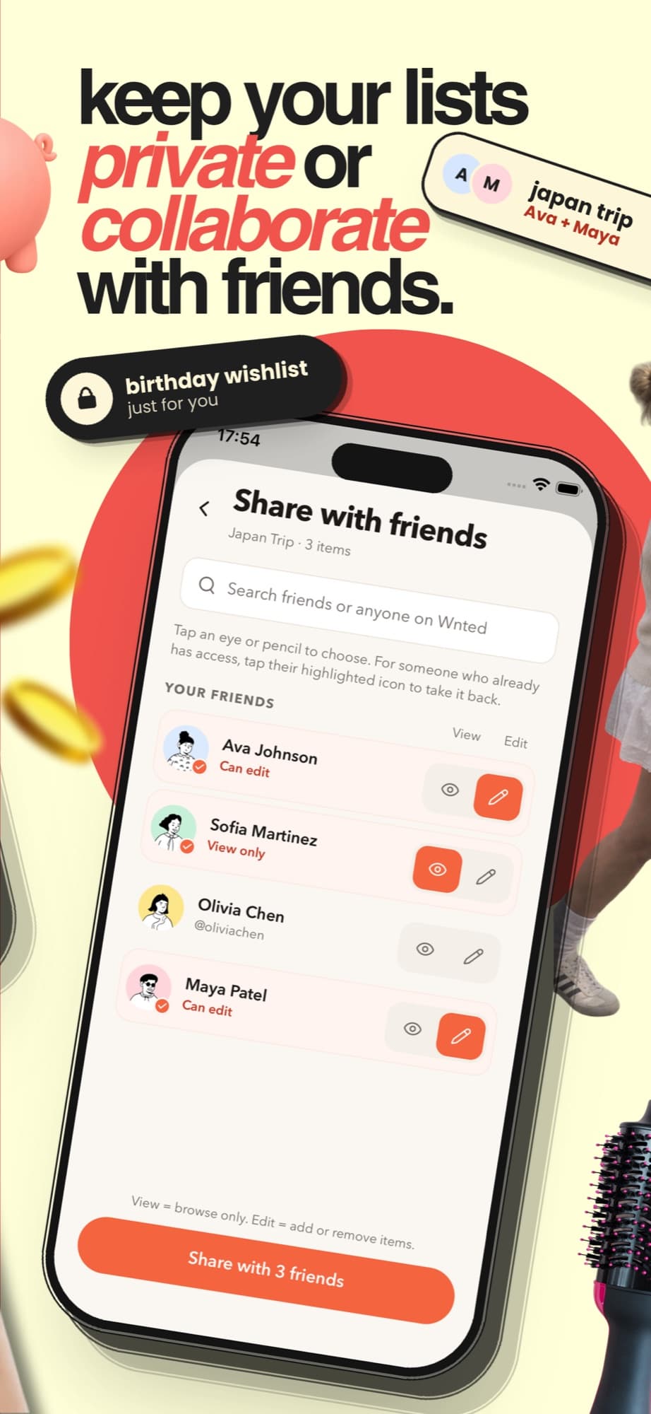 The Share with friends screen: choose who can view a list and who can edit it.