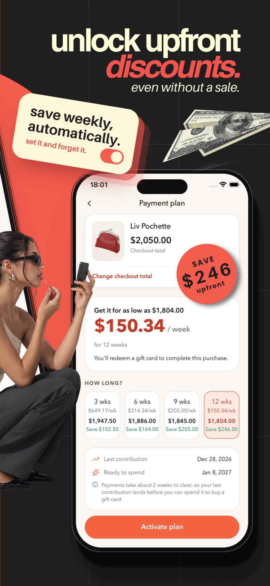 The Payment plan screen: a $2,050 Liv Pochette for as low as $1,804, $150.34 a week for 12 weeks. Illustrative discount.