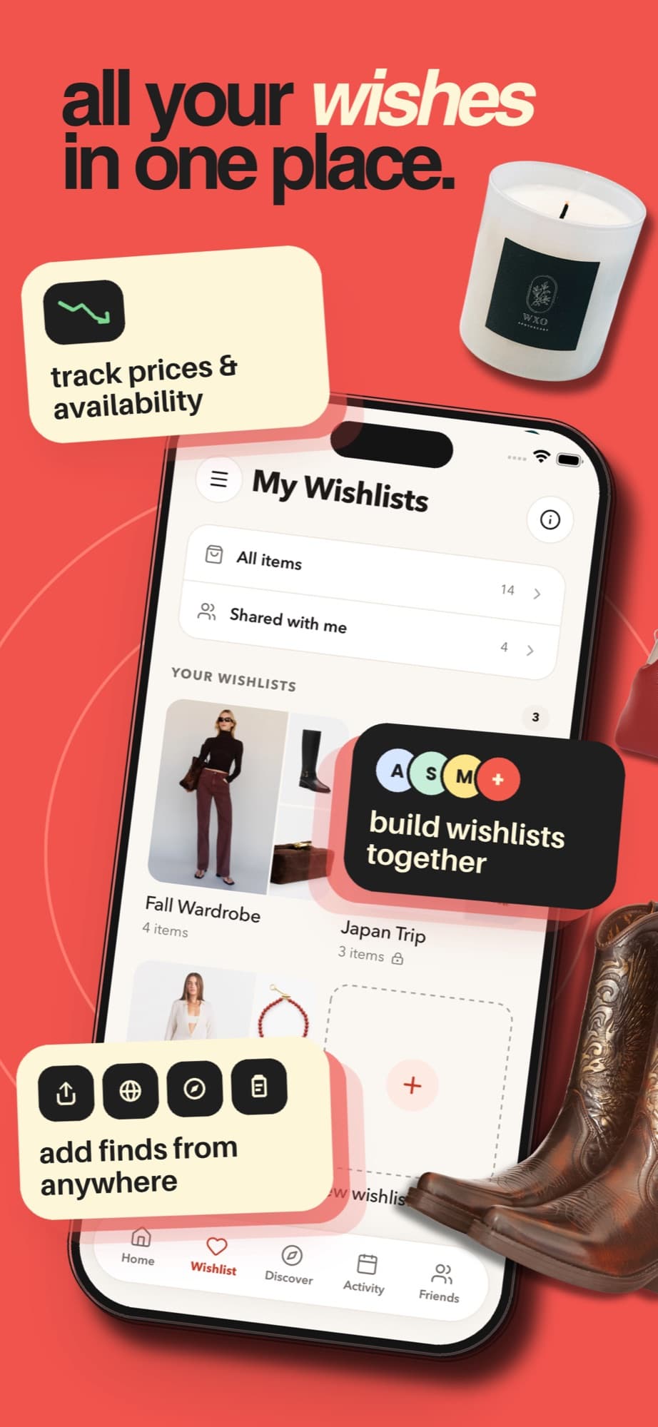 The My Wishlists screen with Fall Wardrobe and Japan Trip lists.